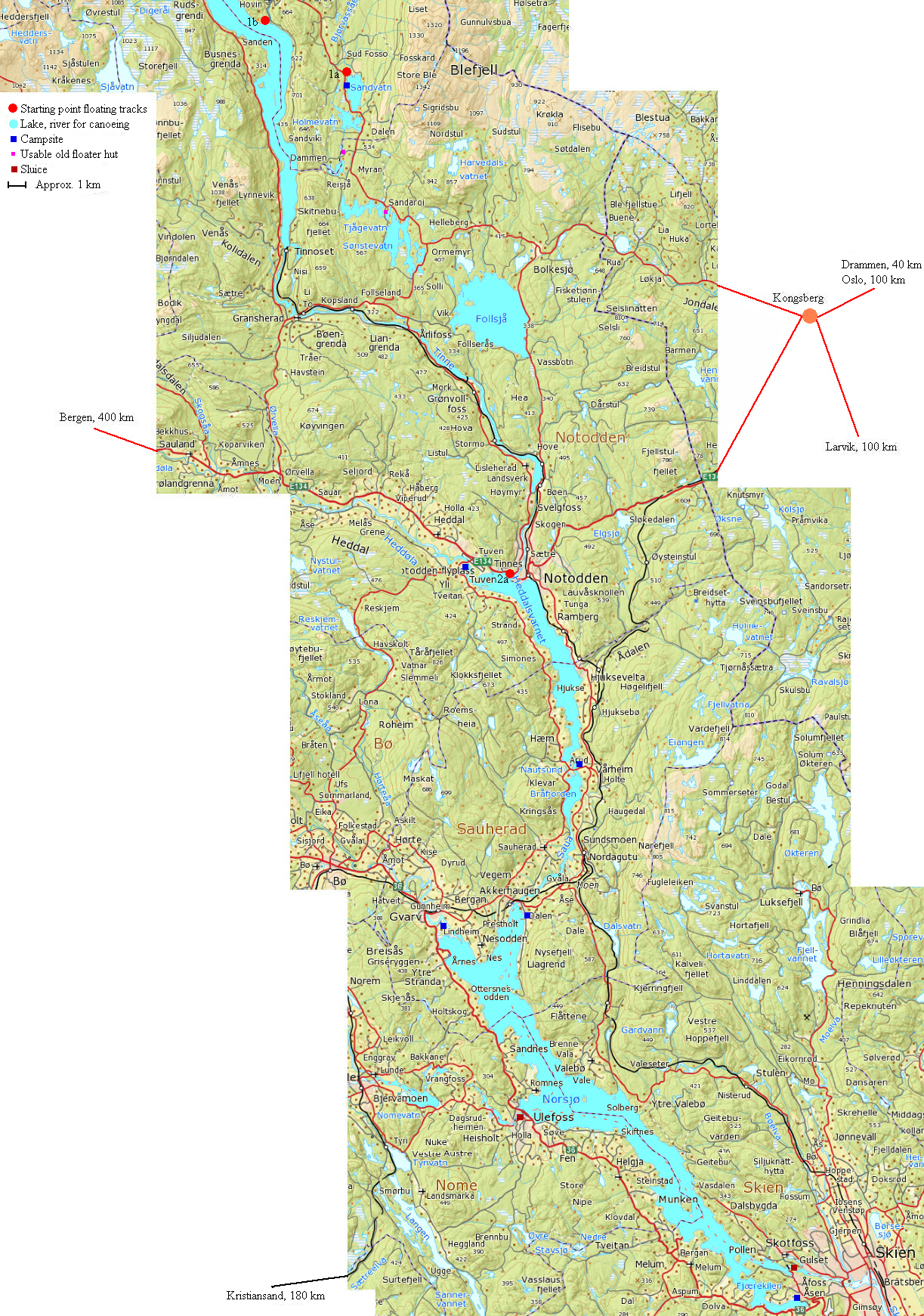 Canoe map in Telemark, Norway