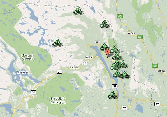 Bicycle maps around Hovin i Telemark, Norway